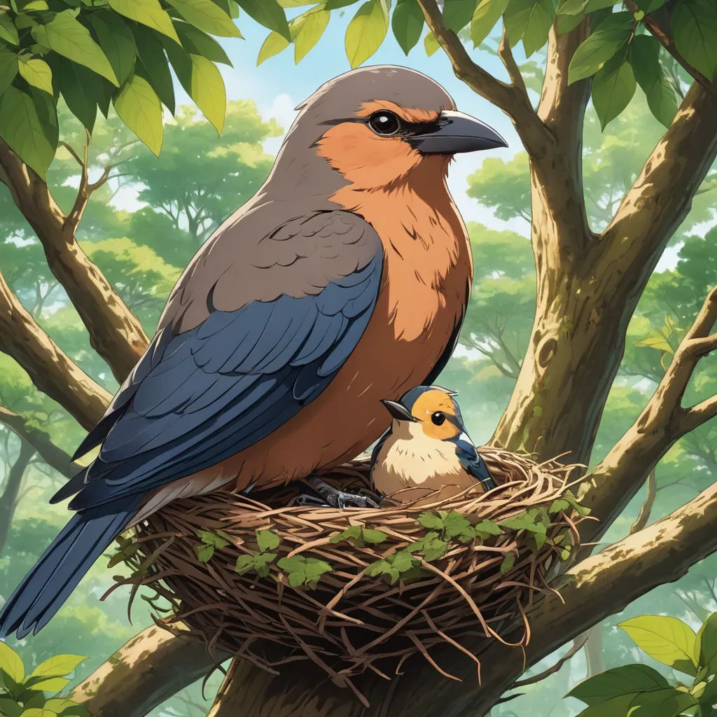 a bird sitting on top of a nest next to a baby bird in a tree branch with leaves on it, altermodern, a storybook illustration, Chris LaBrooy, official art