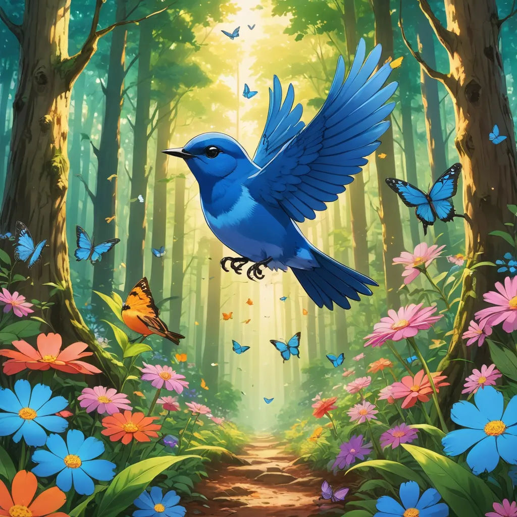 a blue bird flying over a forest filled with flowers and butterflies on a sunny day with a path leading to a forest, magic realism, a storybook illustration, Chris LaBrooy, magic the gathering artwork