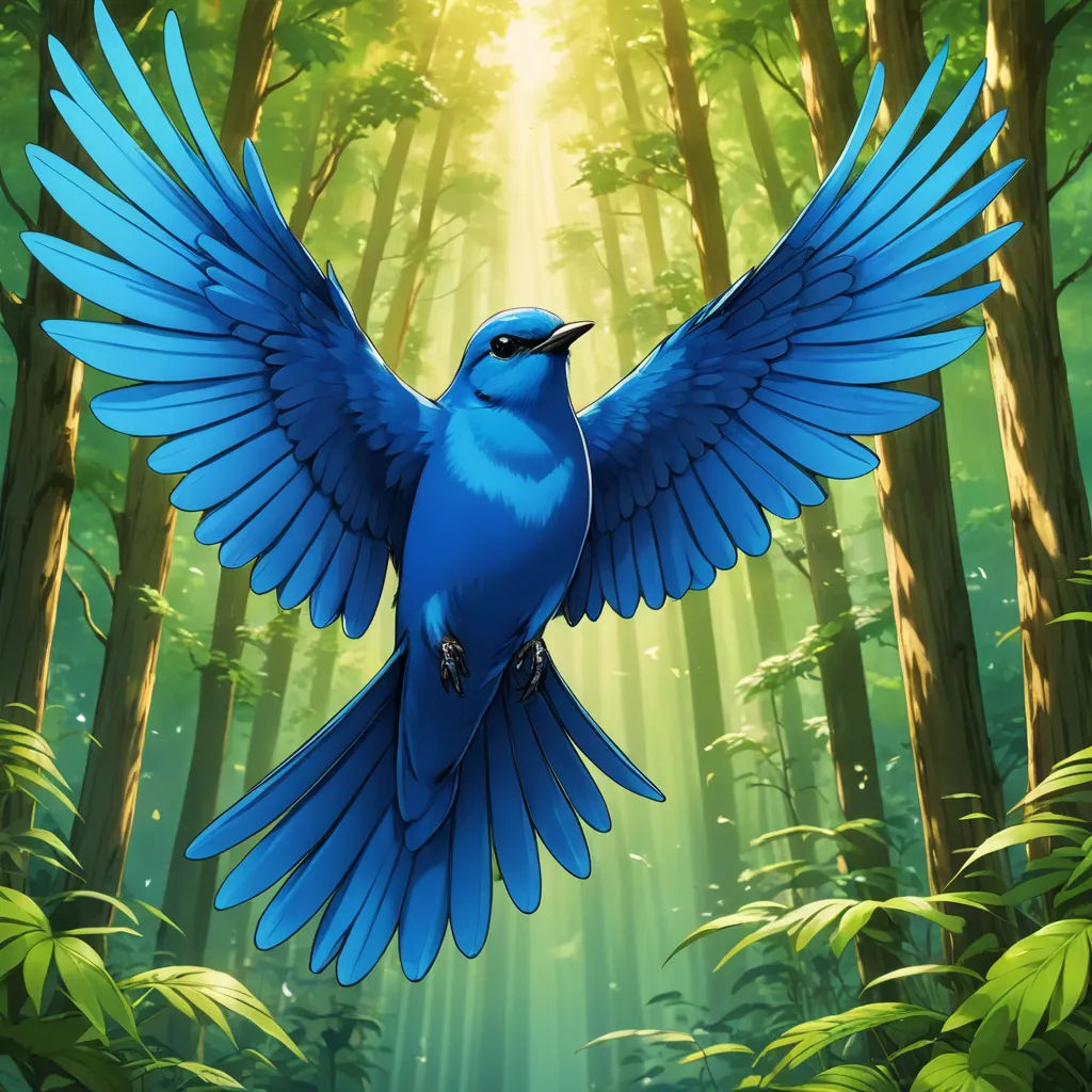 a blue bird flying through a forest filled with trees and leaves with sunlight streaming through the trees behind it, fantasy art, a digital painting, Charles Bird King, birds