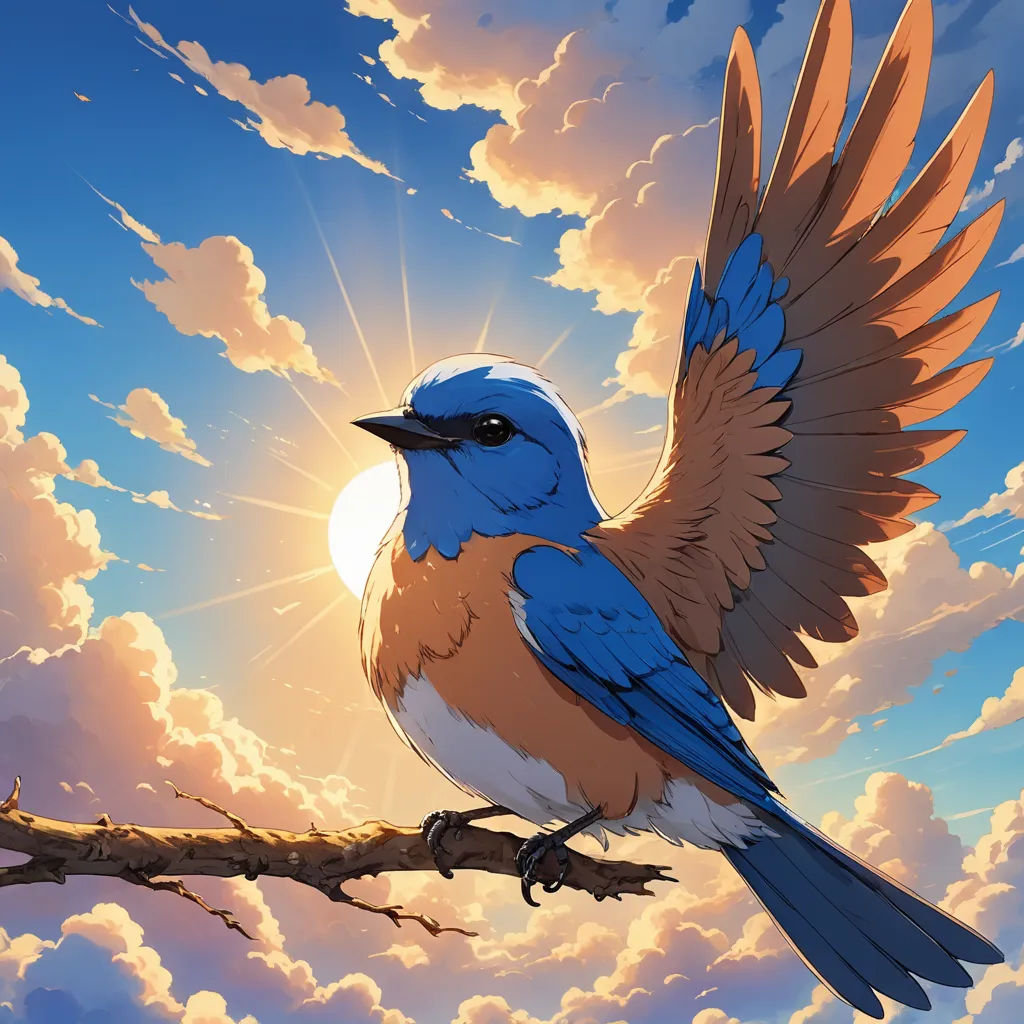 a bird sitting on a branch with the sun in the background and clouds in the sky behind it,, rayonism, an airbrush painting, David Martin, rossdraws global illumination