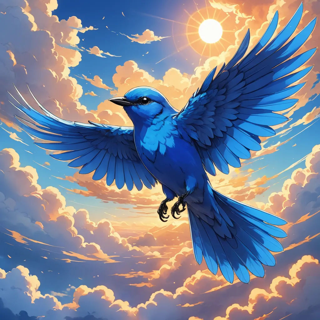 a blue bird flying through a cloudy sky with the sun in the background and clouds in the foreground, rayonism, an airbrush painting, Chris LaBrooy, sky