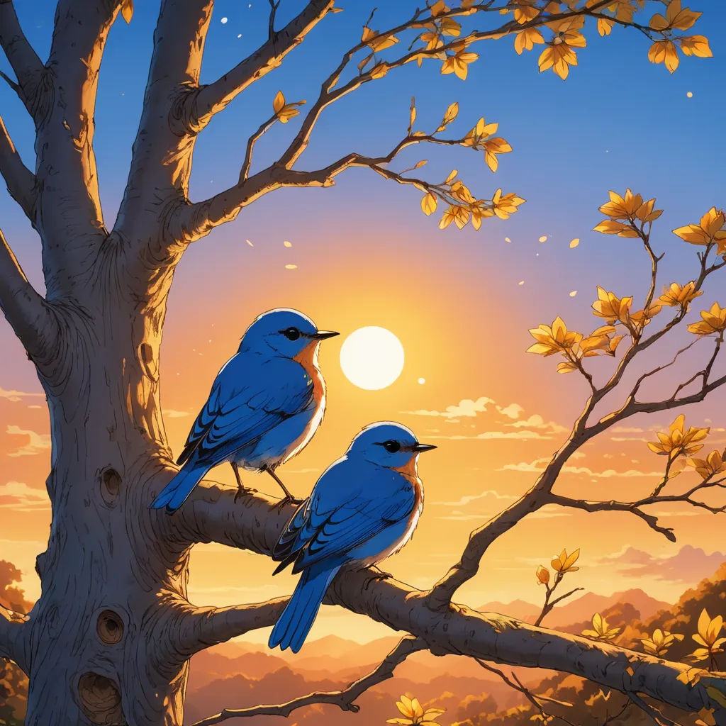 two birds sitting on a tree branch in front of a sunset sky with clouds and a sun setting behind them, magic realism, a digital painting, Chris LaBrooy, highly detailed digital painting