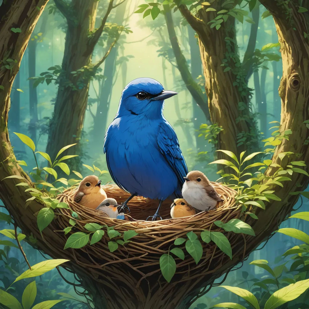 a blue bird sitting on top of a nest filled with eggs in a forest filled with trees and leaves, altermodern, a storybook illustration, Chris LaBrooy, birds