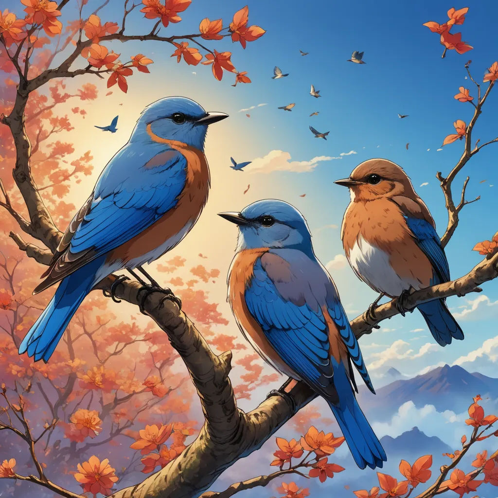 two birds sitting on a branch with a sky background and flowers in the background, and a bird with a blue beak, and a bird with a red beak, and a blue tail, and a, american scene painting, a digital painting, Dan Mumford, birds