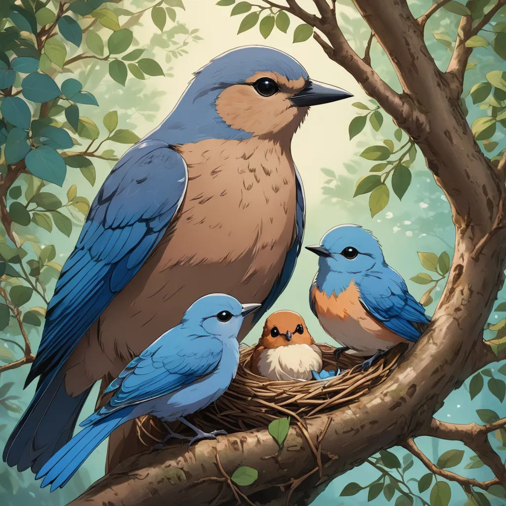 a painting of a bird with its babies in a nest on a tree branch with leaves and branches around it, american scene painting, a storybook illustration, Chris LaBrooy, birds