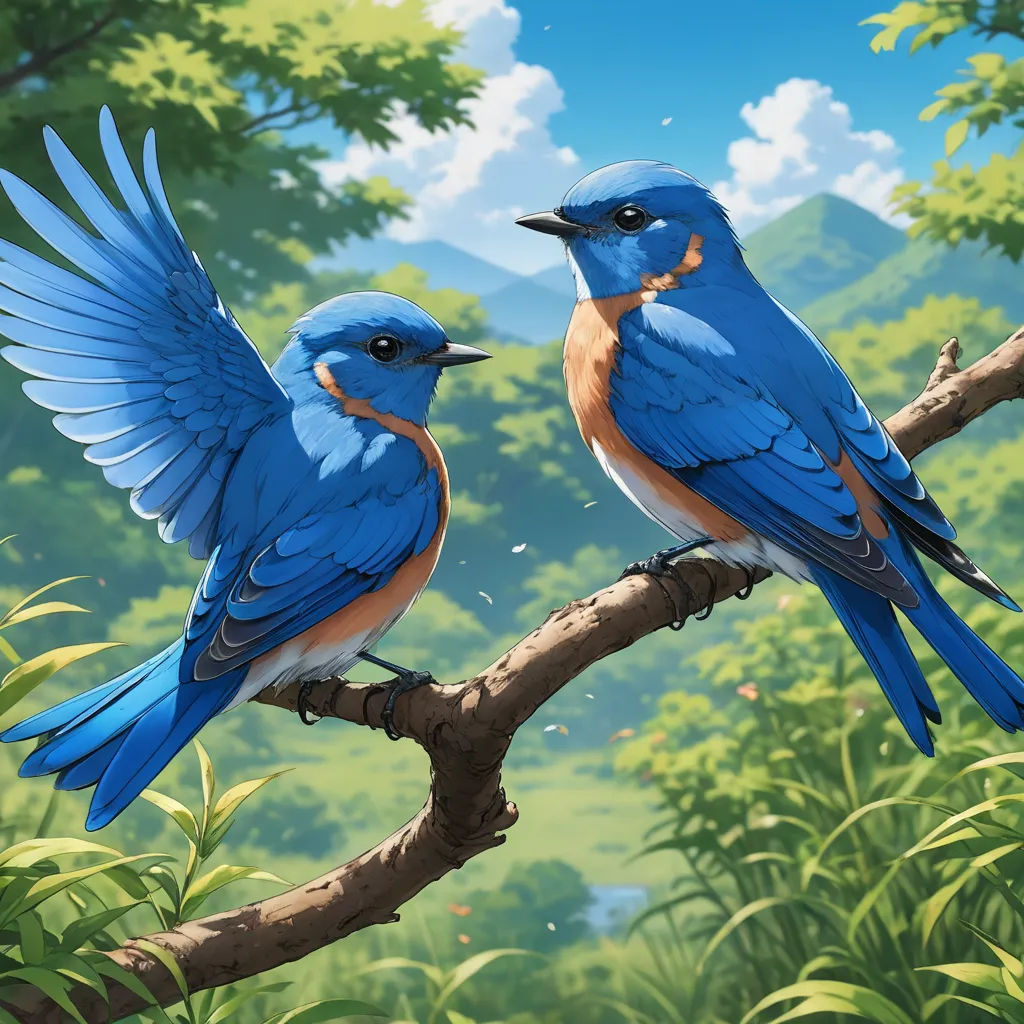 two blue birds perched on a tree branch in a forest with mountains in the background and green foliage in the foreground, american scene painting, a digital painting, Chris LaBrooy, birds