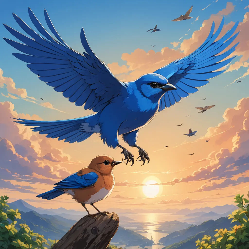 a painting of two birds on a post with a sunset in the background and a bird flying over the top of the post, american scene painting, poster art, Dan Mumford, birds