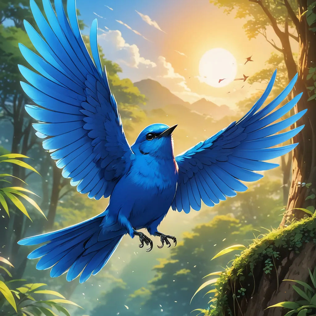 a blue bird with its wings spread out in the air, flying over a forest with a sun in the background, fantasy art, a digital painting, Chris LaBrooy, birds