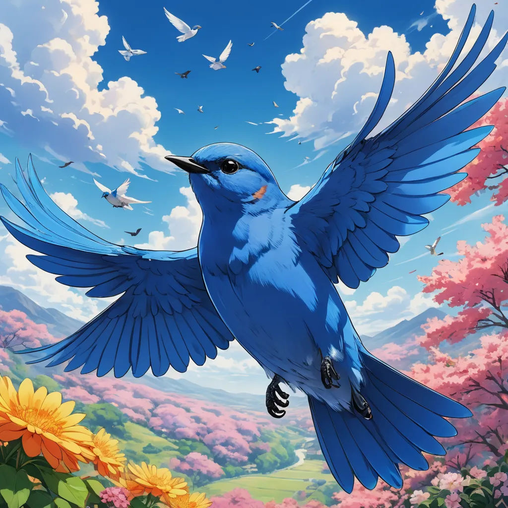 a blue bird flying over a lush green field filled with flowers and birds flying around it's neck, rayonism, a picture, Chris LaBrooy, birds