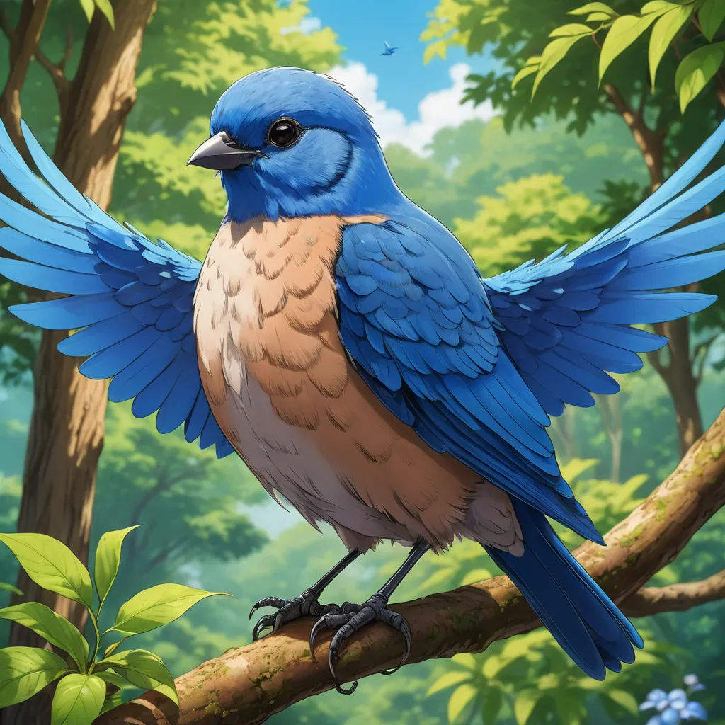 a blue bird with orange feathers sitting on a branch in a forest with trees and flowers in the background, altermodern, a digital painting, Chris LaBrooy, highly detailed digital painting