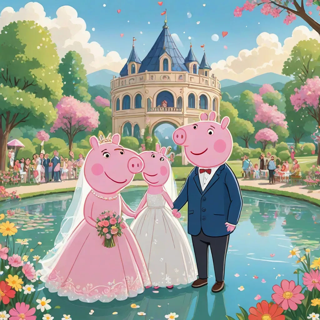a couple of pigs standing next to each other in front of a castle with a pond and flowers on it, naive art, a storybook illustration, De Hirsh Margules, official art