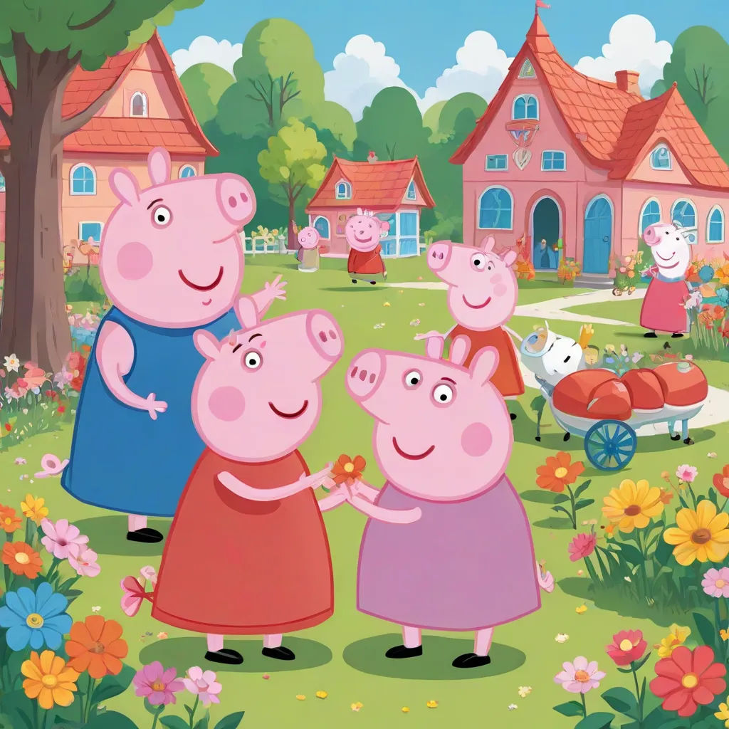 peppa pig family in a garden with a house in the background and flowers around it, and a pig holding a piece of food, primitivism, a storybook illustration, Bourgeois, promotional image