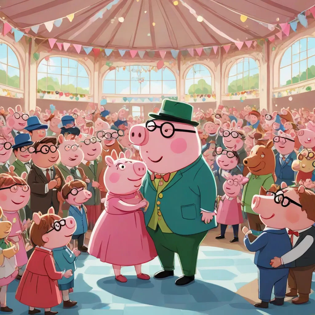 a cartoon pig and a man are standing in front of a crowd of people in a building with a pink ceiling, regionalism, concept art, David Young Cameron, promotional image
