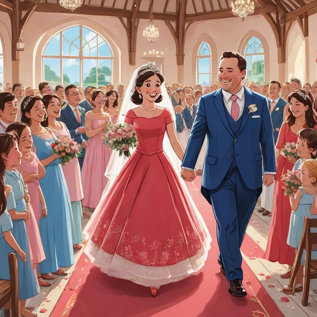 a painting of a bride and groom walking down the aisle of a wedding ceremony with a crowd of people, fantastic realism, a storybook illustration, Colin Middleton, official art