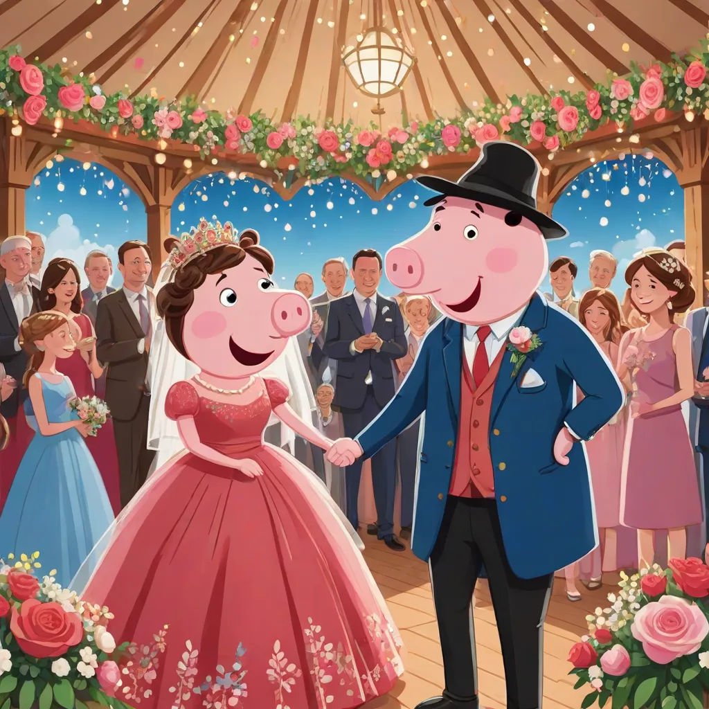 a cartoon pig and a woman in a wedding dress are dancing together in front of a crowd of people, sots art, a storybook illustration, Anne Said, official art