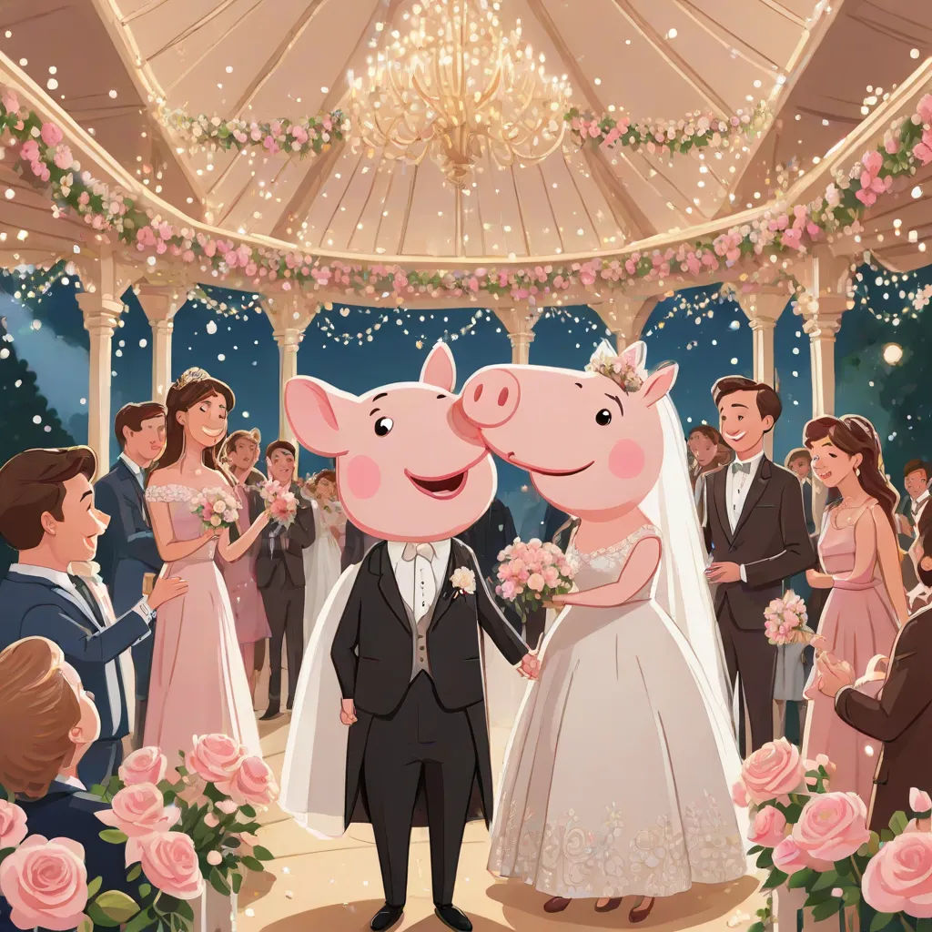 a couple of pigs standing next to each other in front of a crowd of people in a wedding dress, sots art, a storybook illustration, disney, official art