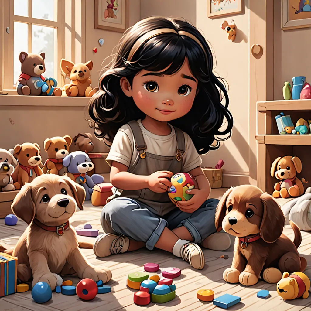 a painting of a girl sitting on the floor surrounded by stuffed animals and toys, with a dog nearby, photorealism, a detailed painting, Artgerm, detailed painting