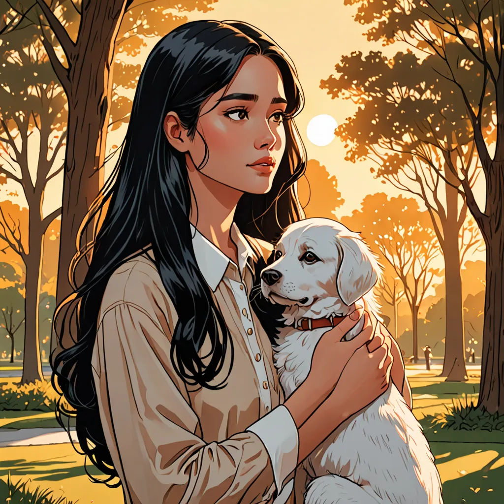 a woman holding a dog in a park at sunset with trees and grass in the background and a sunset behind her, context art, a character portrait, Colin Middleton, comic cover art