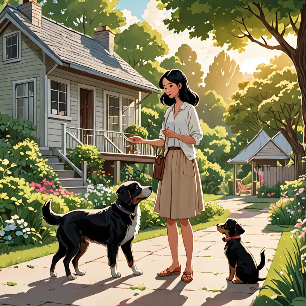 a woman standing next to two dogs on a sidewalk near a house and trees with flowers in the yard, american scene painting, a storybook illustration, Evgeny Lushpin, storybook illustration