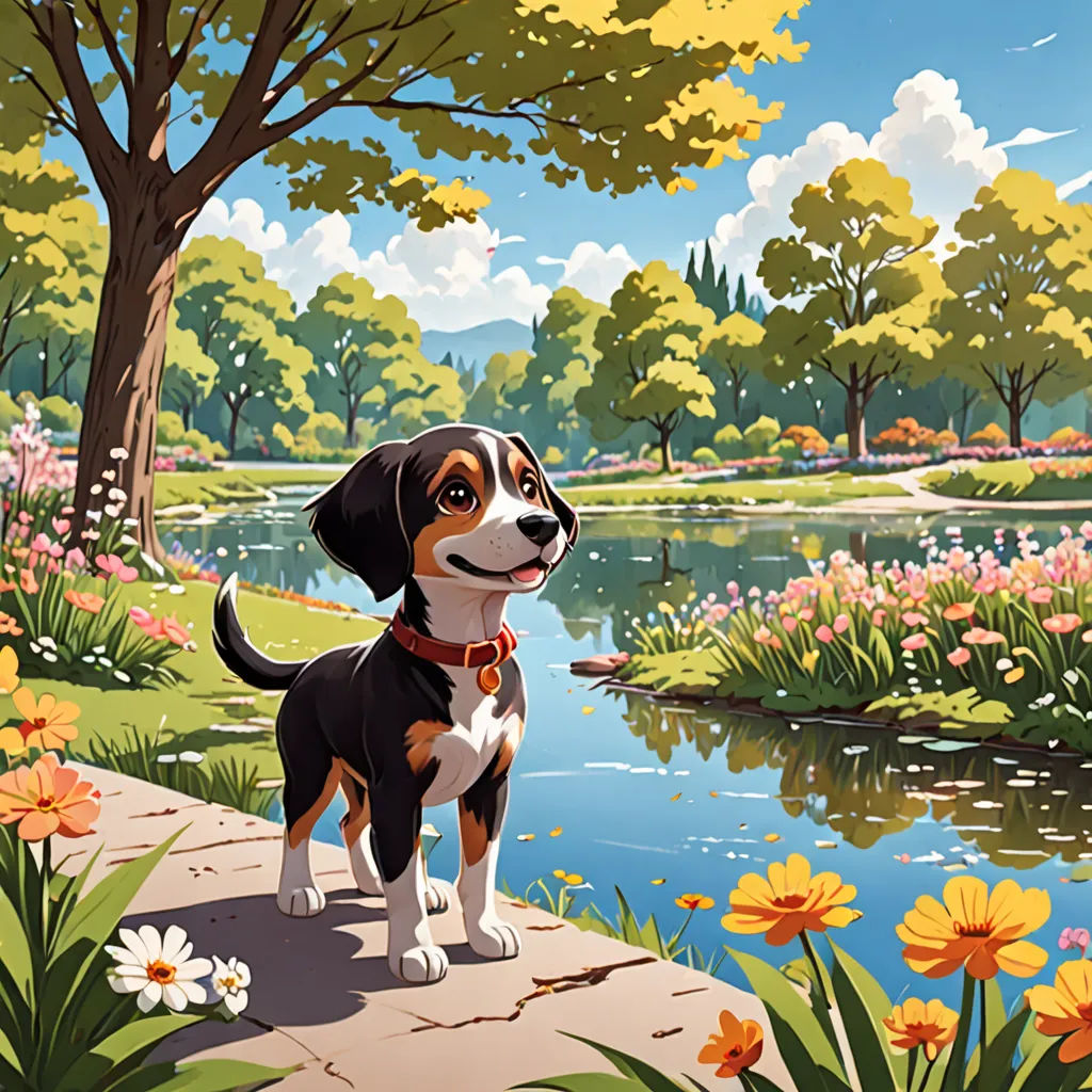 a dog standing on a path next to a pond and flowers in the grass and trees with a sky background, american scene painting, a storybook illustration, Chris LaBrooy, official art