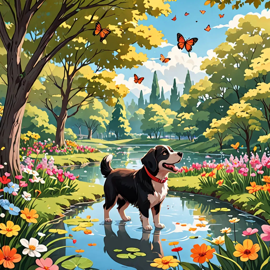 a dog standing in a pond surrounded by flowers and butterflies, with a butterfly flying overhead in the background, environmental art, a storybook illustration, Chris LaBrooy, official art