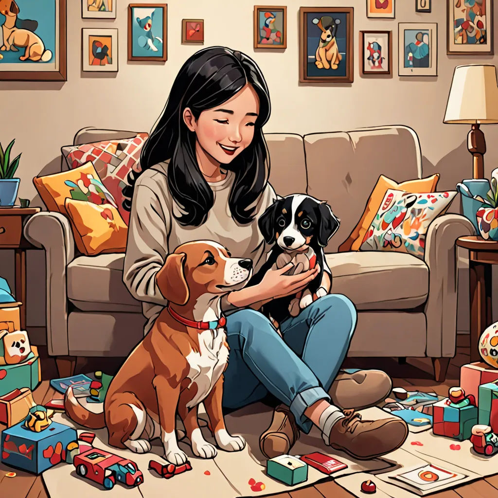 a woman sitting on the floor with two dogs and a toy truck in front of her on the floor, process art, a storybook illustration, Asaf Hanuka, high detail illustration