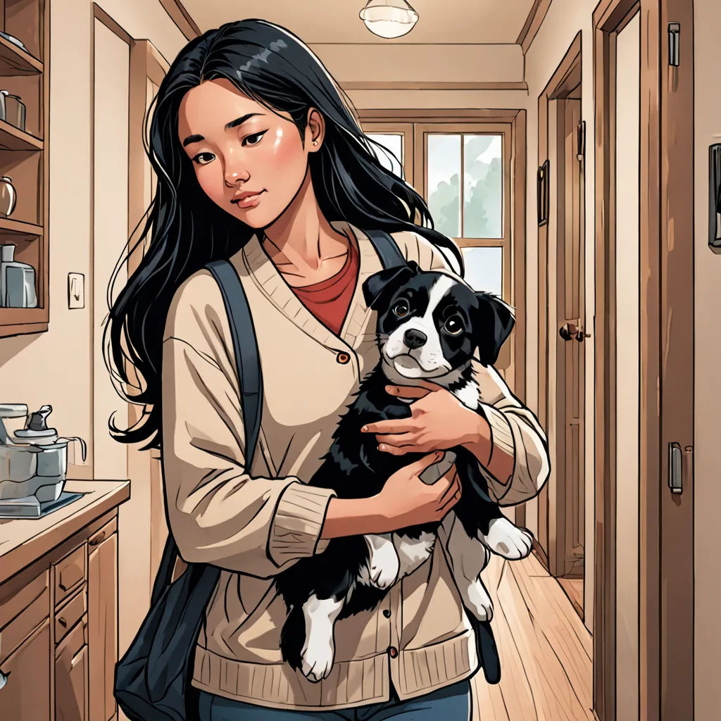 a woman holding a dog in a kitchen with a sink and cabinets in the background and a wooden floor, american scene painting, a comic book panel, Colin Middleton, comic cover art