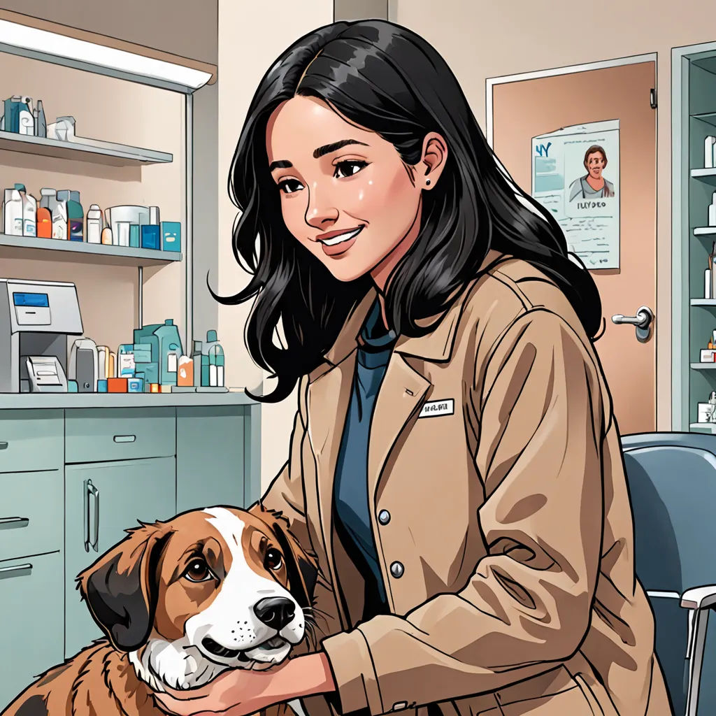 a woman in a lab coat holding a dog in her lap and smiling at the camera with a dog in her lap, remodernism, a comic book panel, Artgerm, comic cover art