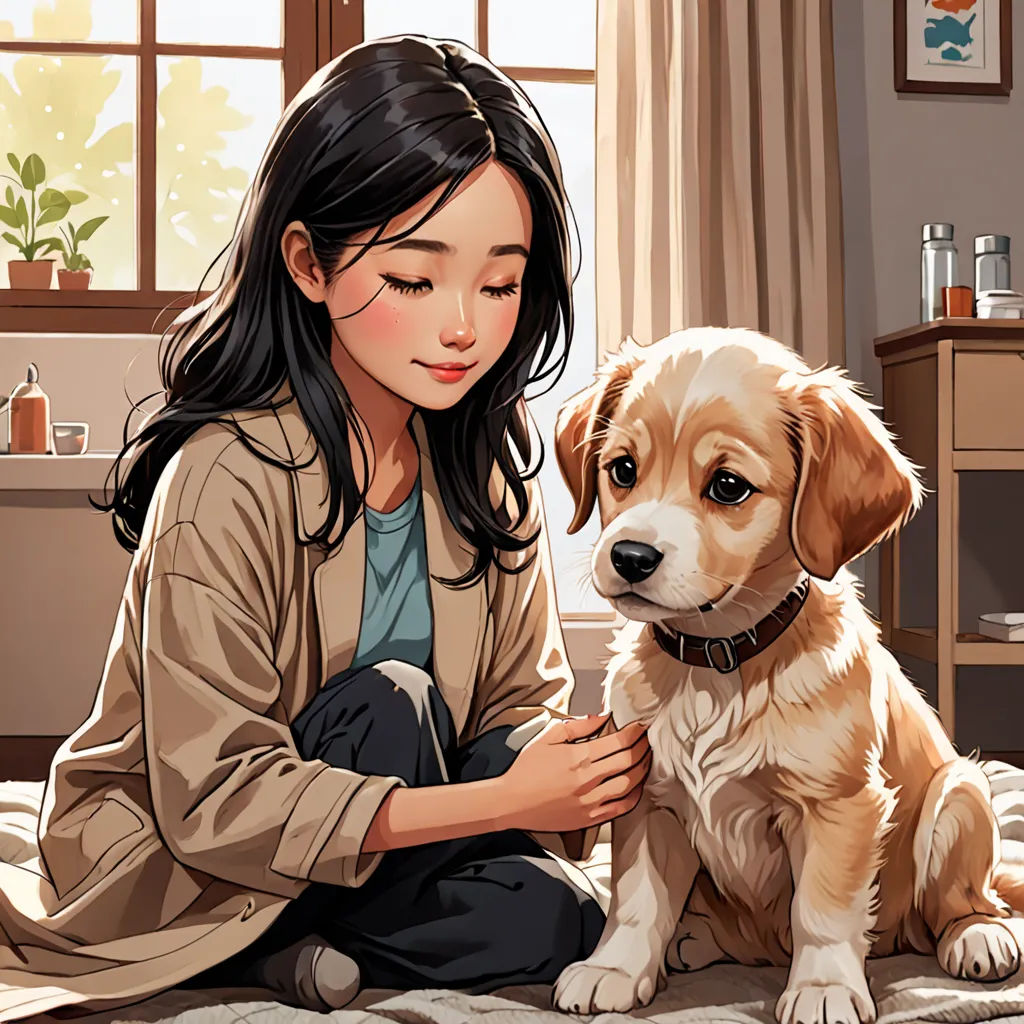 a woman sitting on a bed petting a dog with a sad look on her face and eyes,, furry art, a comic book panel, Chen Lin, official art