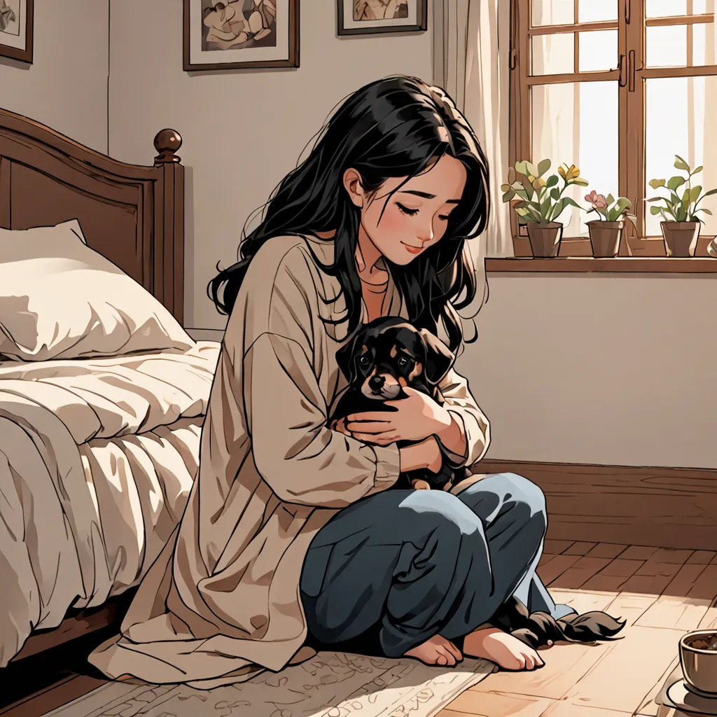 a woman sitting on the floor holding a dog in her lap and looking at the camera with a smile on her face, fantasy art, a comic book panel, Atey Ghailan, stanley artgerm lau