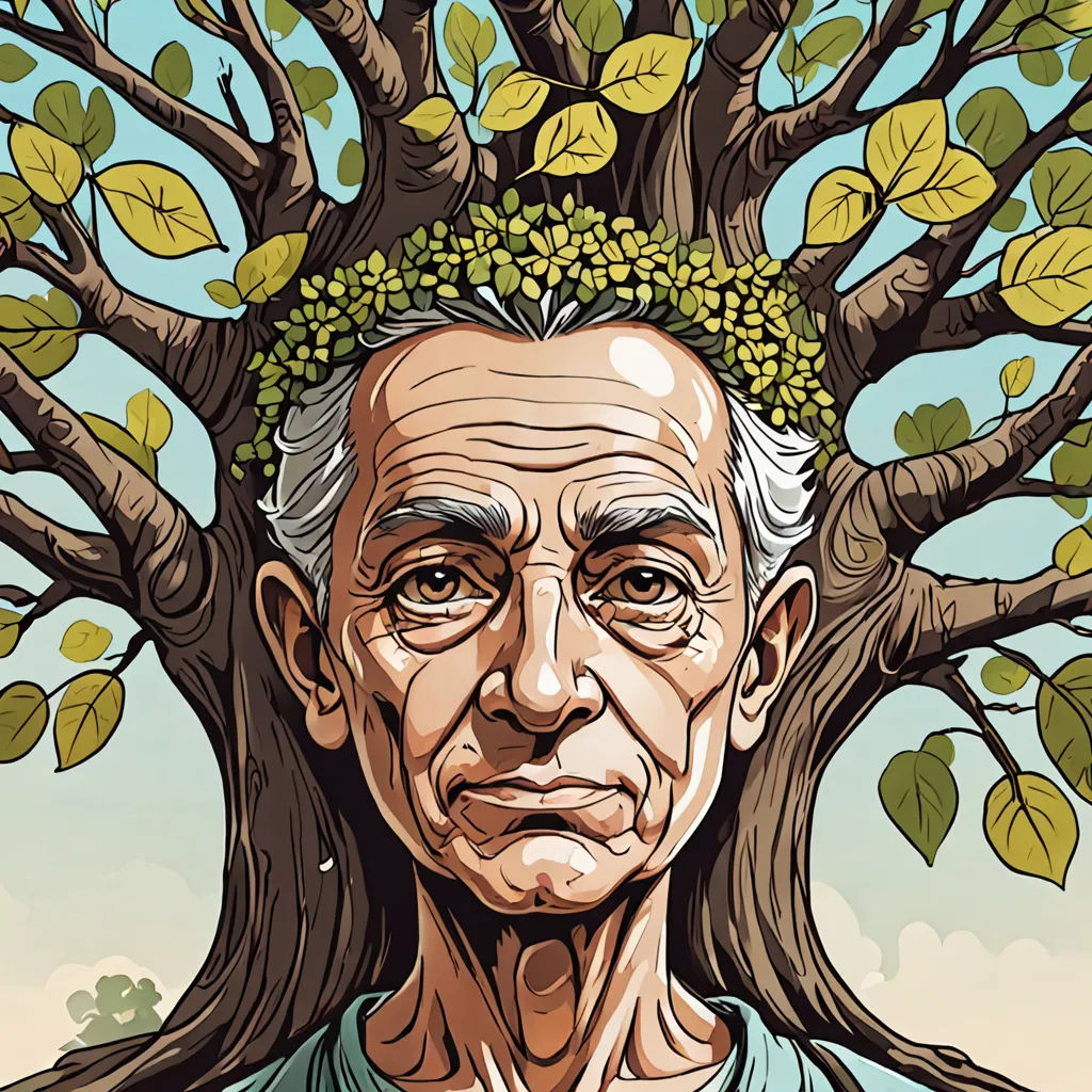 a painting of a man with a tree on his head and leaves on his head, with a sky background, massurrealism, a character portrait, Candido Bido, highly detailed digital painting