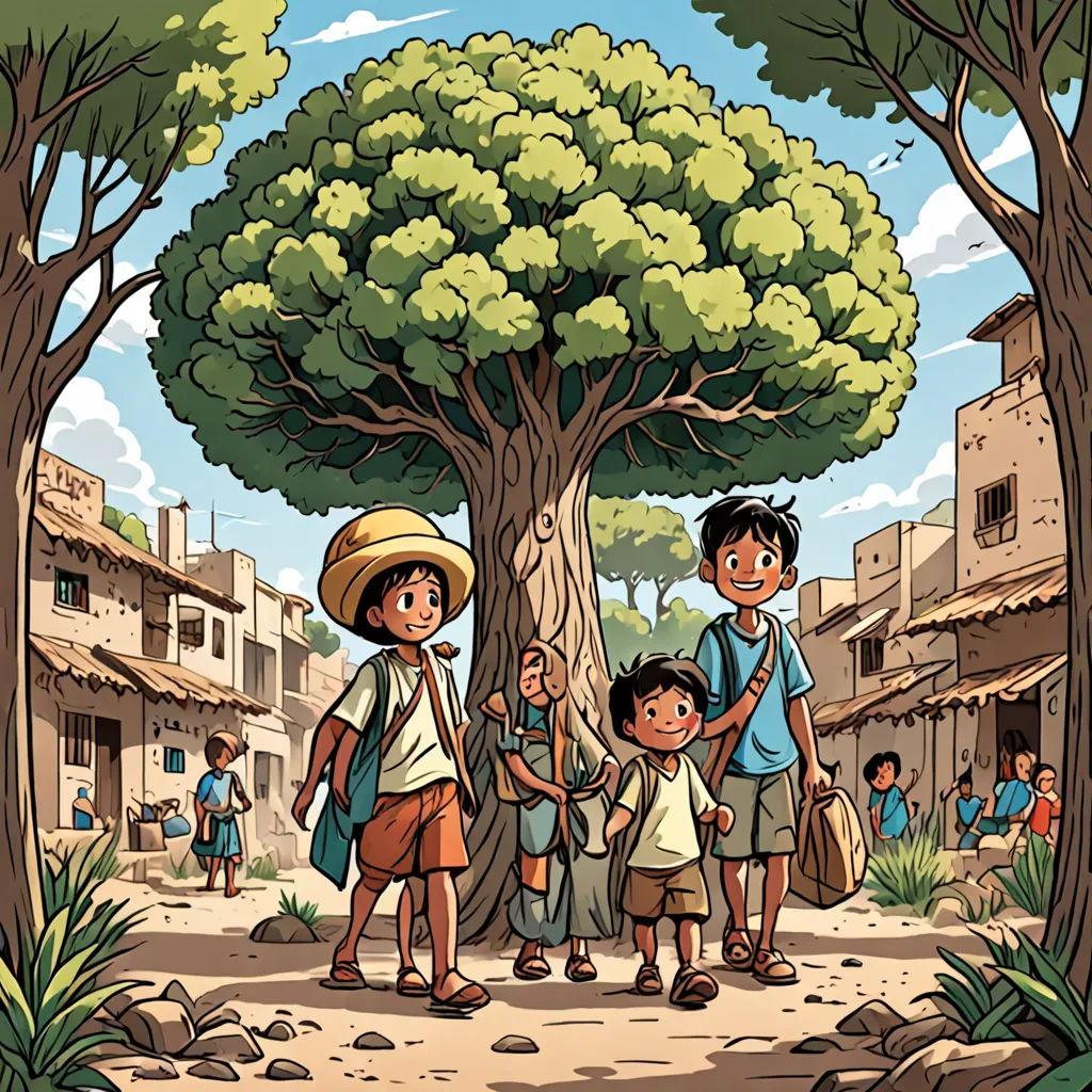 a group of children standing under a tree in a village with a man and a boy standing next to it, les nabis, a storybook illustration, Asaf Hanuka, comic cover art