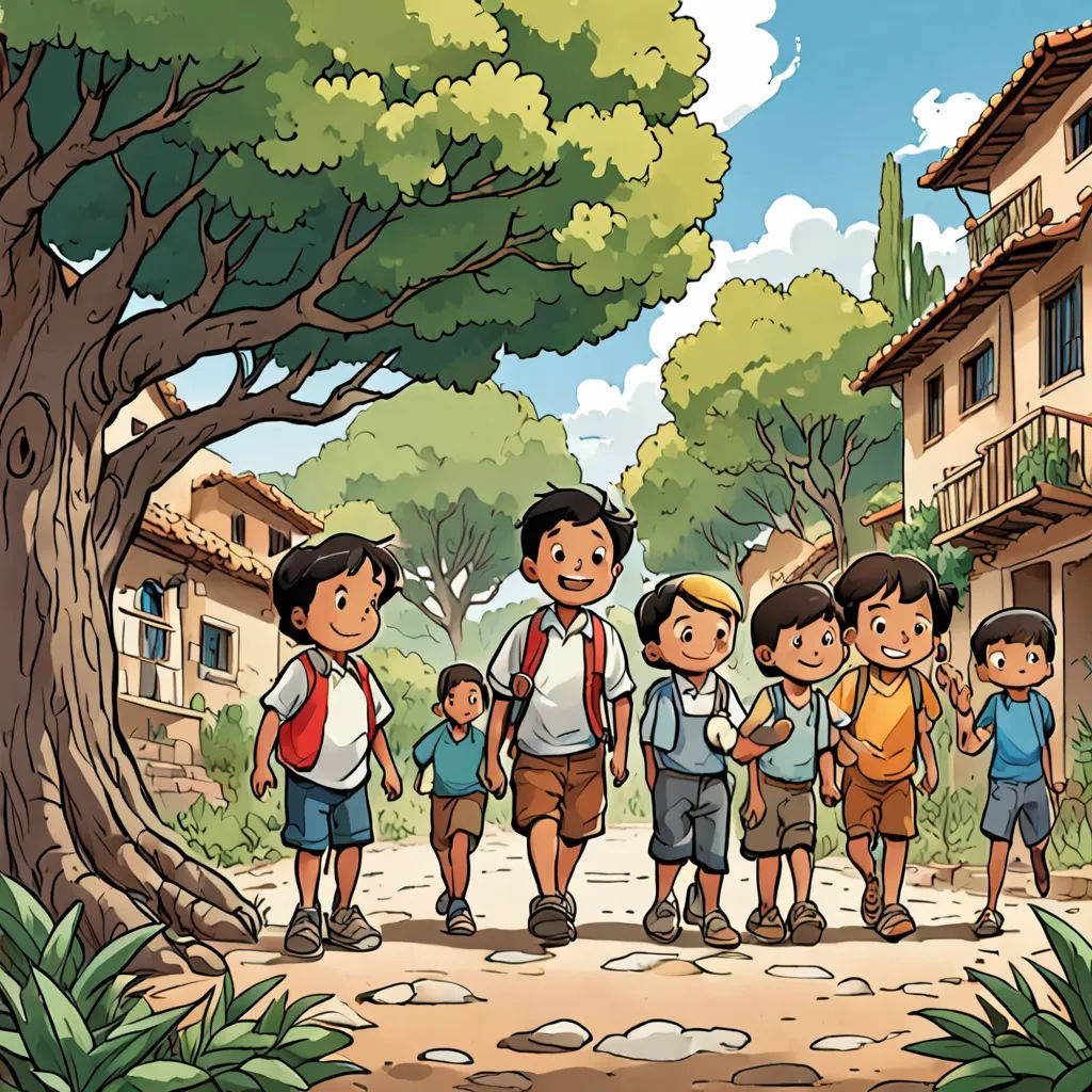 a group of children standing in front of a tree in a village with a man and woman in the background, danube school, a storybook illustration, Diego Gisbert Llorens, storybook illustration