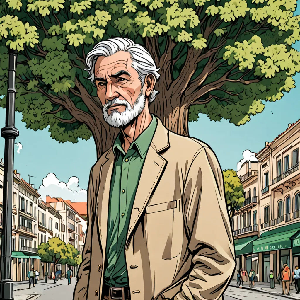 a man standing in front of a tree in a city street with a green shirt and tan jacket on, private press, a character portrait, Asaf Hanuka, graphic novel