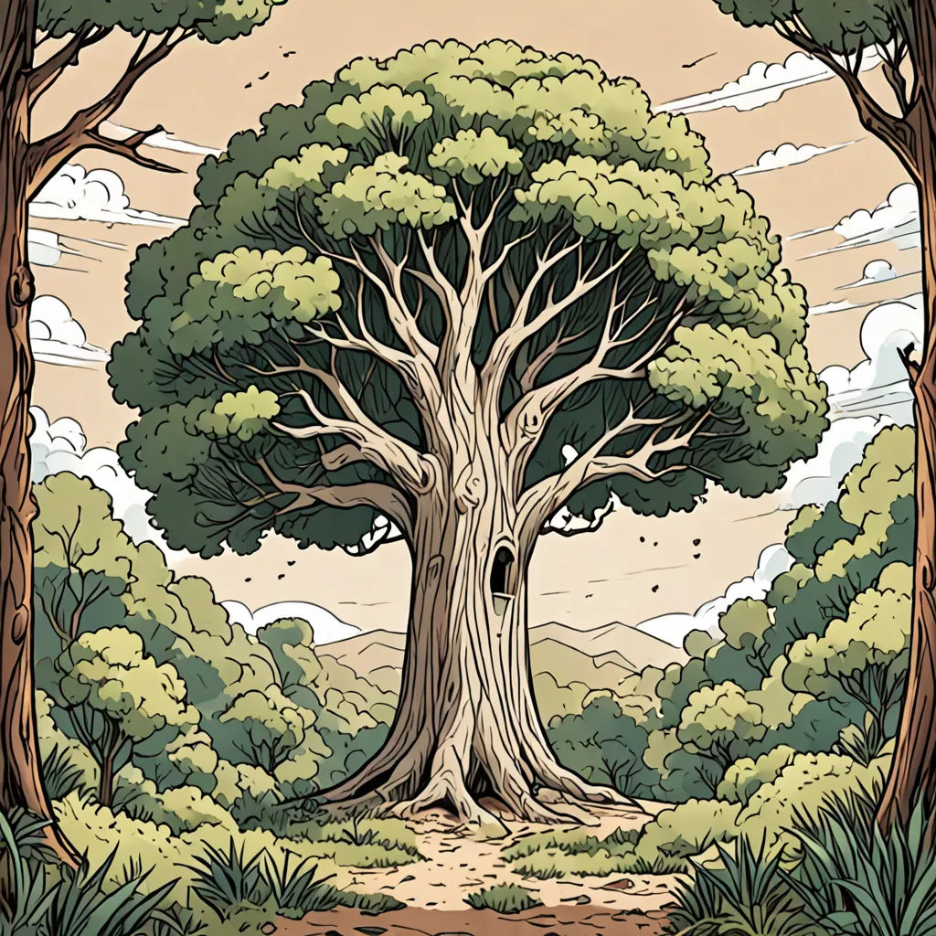 a drawing of a tree with a path leading to it and clouds in the background, with a sky and clouds, fantasy art, a storybook illustration, Asaf Hanuka, comic cover art