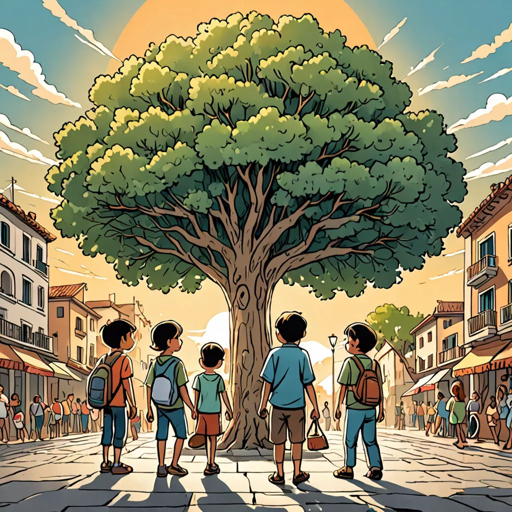 a group of children standing in front of a tree on a street with people walking around it and a sun setting behind them, magical realism, a storybook illustration, Diego Gisbert Llorens, promotional image
