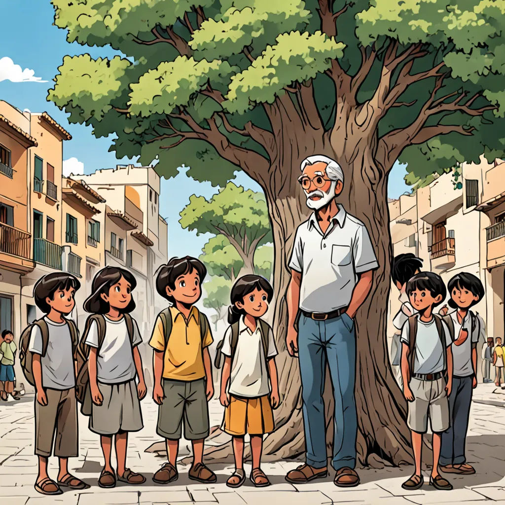 a man standing in front of a group of children in front of a tree with a man standing next to it, magical realism, a storybook illustration, Asaf Hanuka, official art