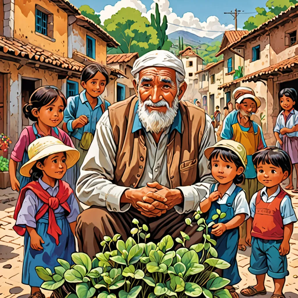 a painting of a man surrounded by children in a village with a potted plant in front of him, naive art, a storybook illustration, Asaf Hanuka, comic cover art