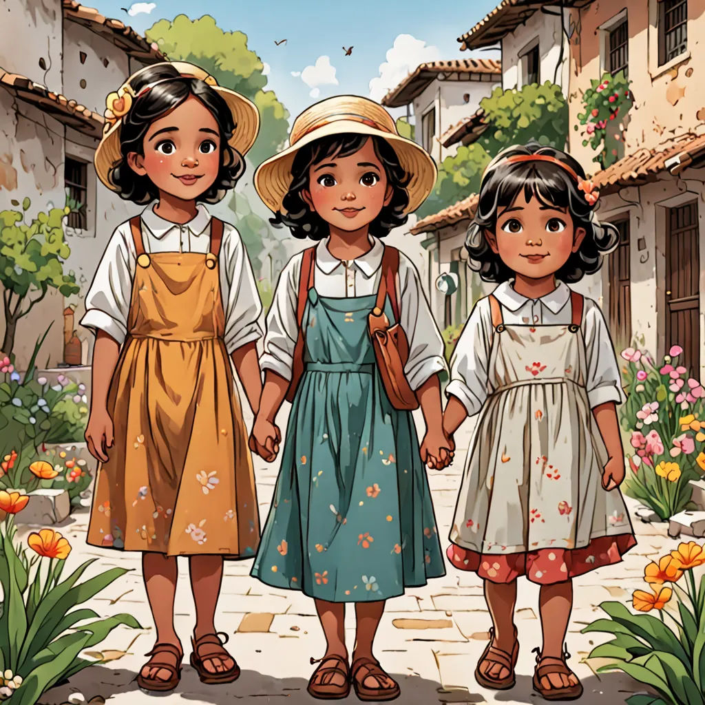 three children are standing in a courtyard with flowers and buildings in the background, one girl is holding the hand of the other girl, lyco art, a comic book panel, Colin Middleton, comic cover art