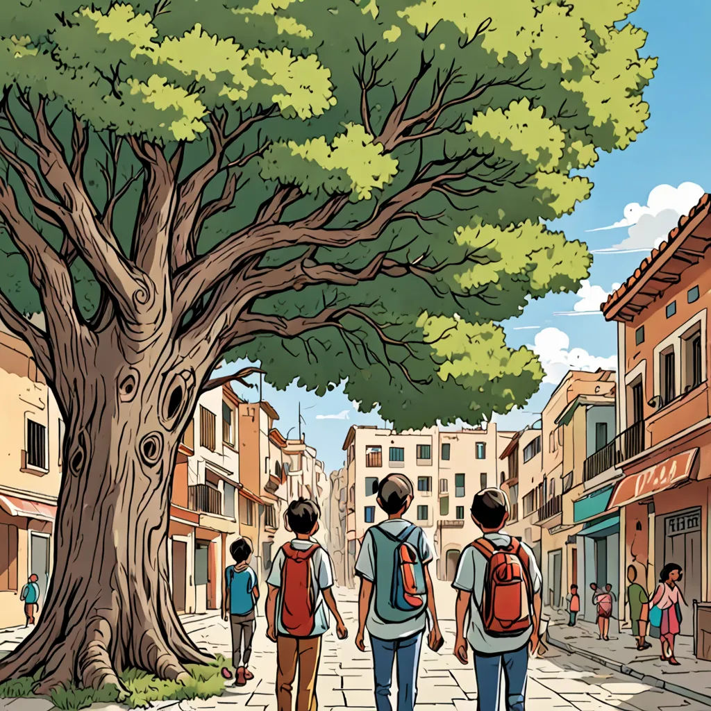 a group of people walking down a street next to a tree and buildings with a large tree in the middle, magical realism, a storybook illustration, Asaf Hanuka, graphic novel