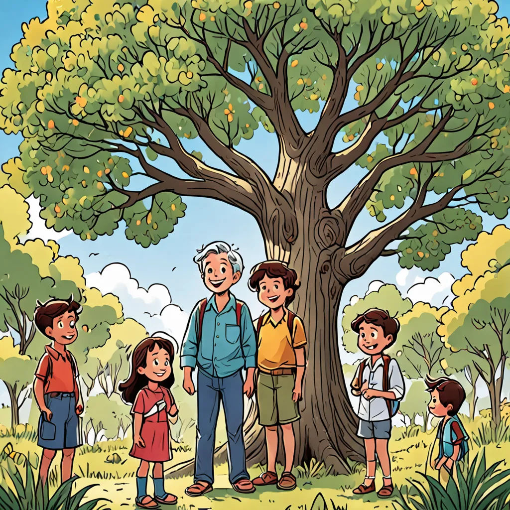 a group of people standing around a tree in a park with a sky background and a blue sky in the background, context art, a storybook illustration, Asaf Hanuka, graphic novel