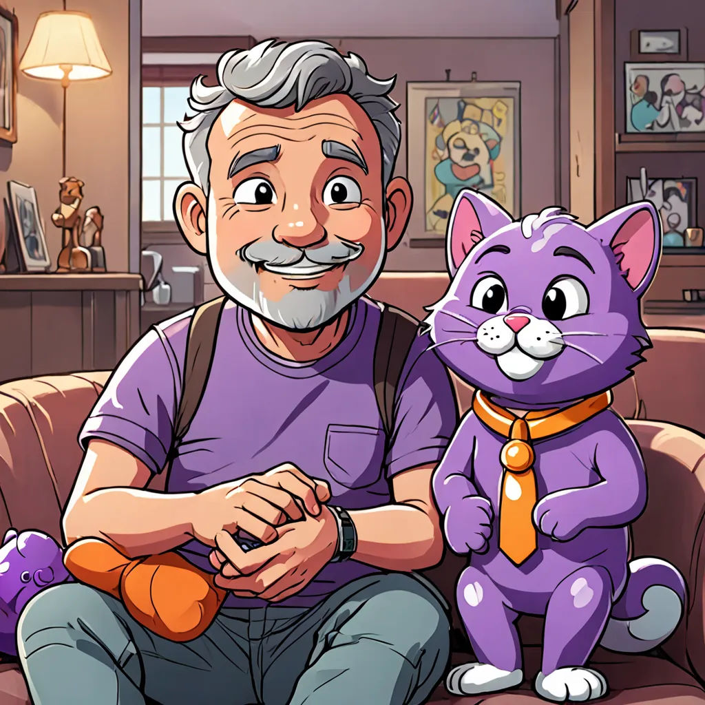 a man sitting on a couch next to a purple cat and a cat toy in front of him on a chair, sots art, a character portrait, Dan Content, character portrait