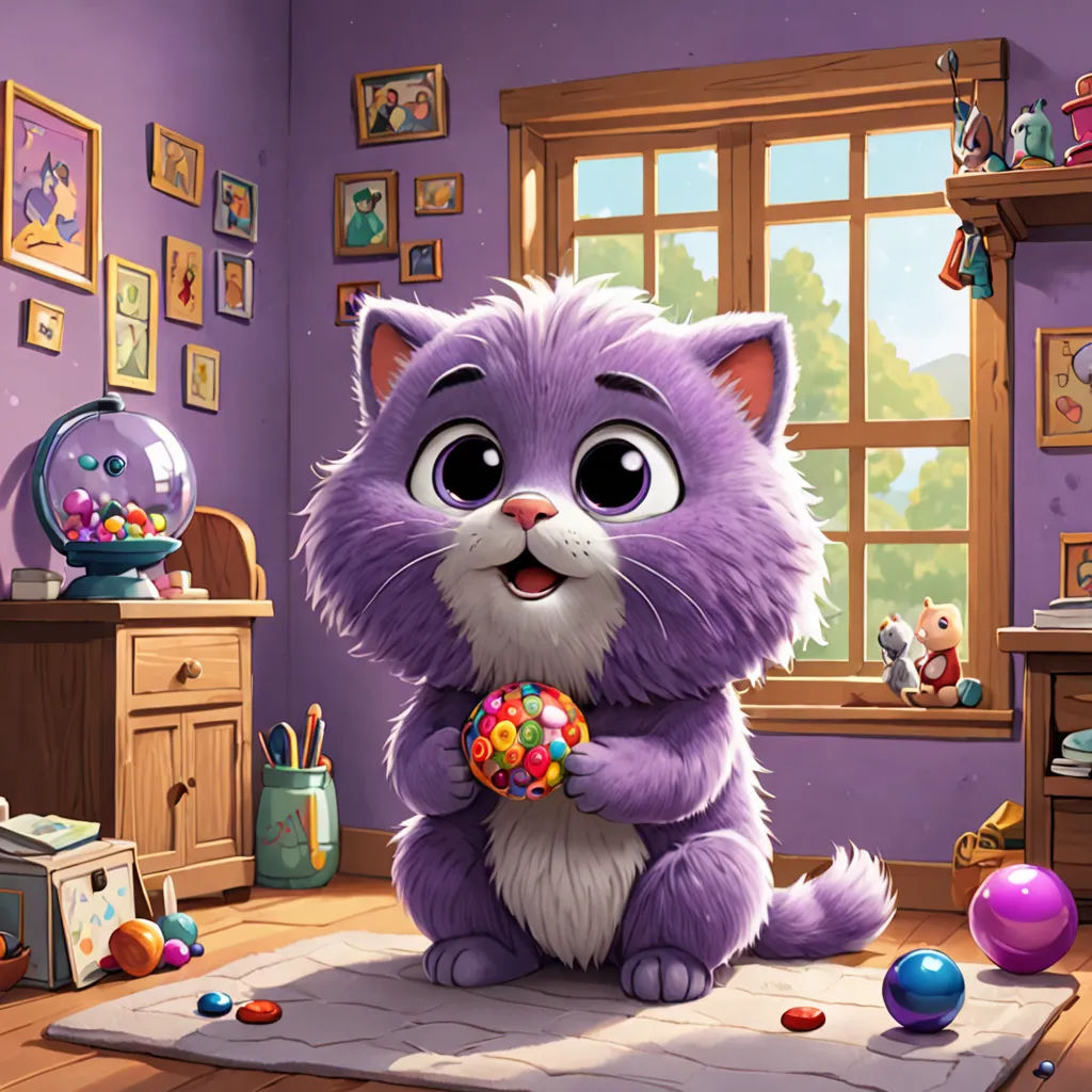 a purple cat sitting on a rug in a room with toys and a window with a purple wall and a purple wall, sots art, a character portrait, Chris LaBrooy, official art