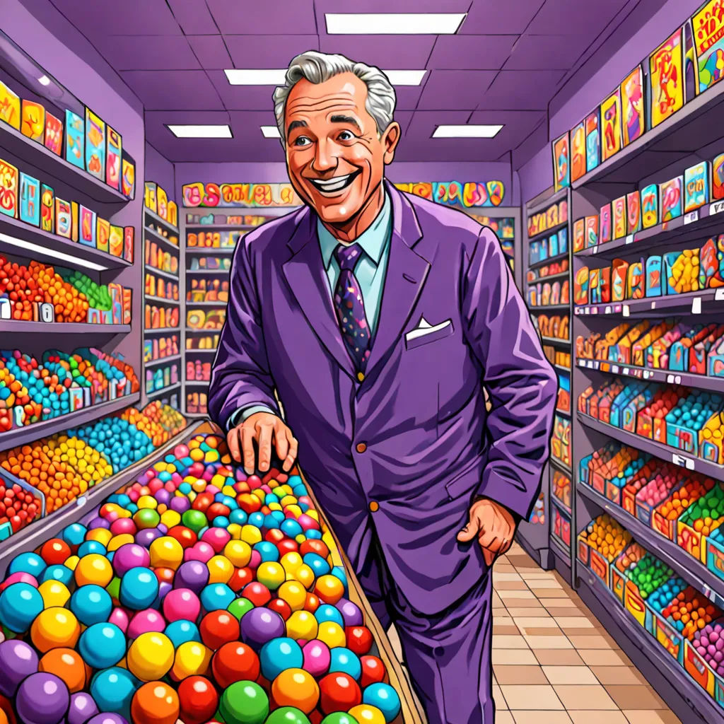 a man in a purple suit is holding a ball in a store filled with balls and candy in a bin, pop art, a pop art painting, Benjamin Marra, highly detailed digital art