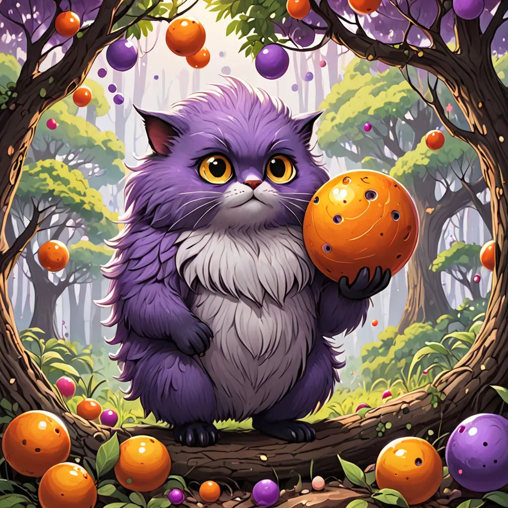 a cat holding an orange in a forest with oranges around it and a tree with oranges around it, fantasy art, a character portrait, Chris LaBrooy, purple
