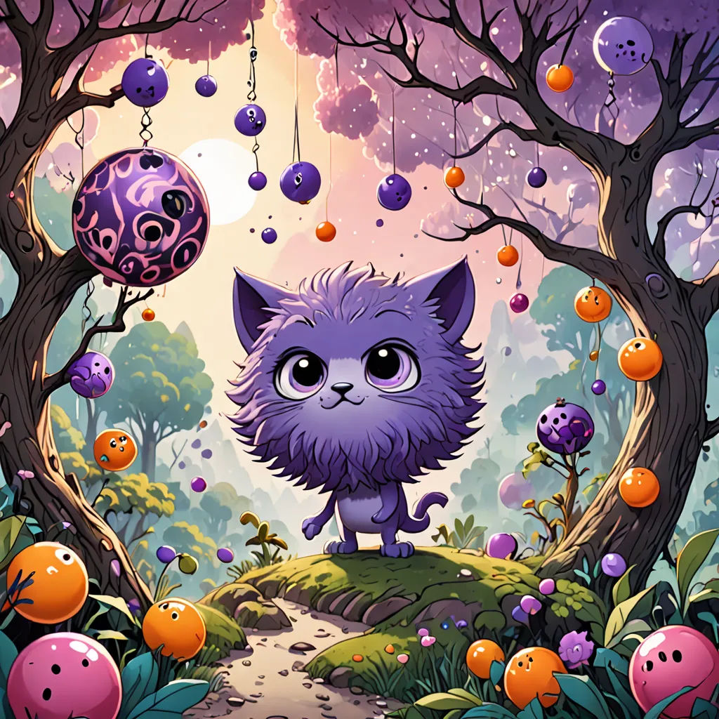 a cartoon cat is standing on a hill in the woods with a bunch of balls hanging from the trees, fantasy art, poster art, Chris LaBrooy, game art