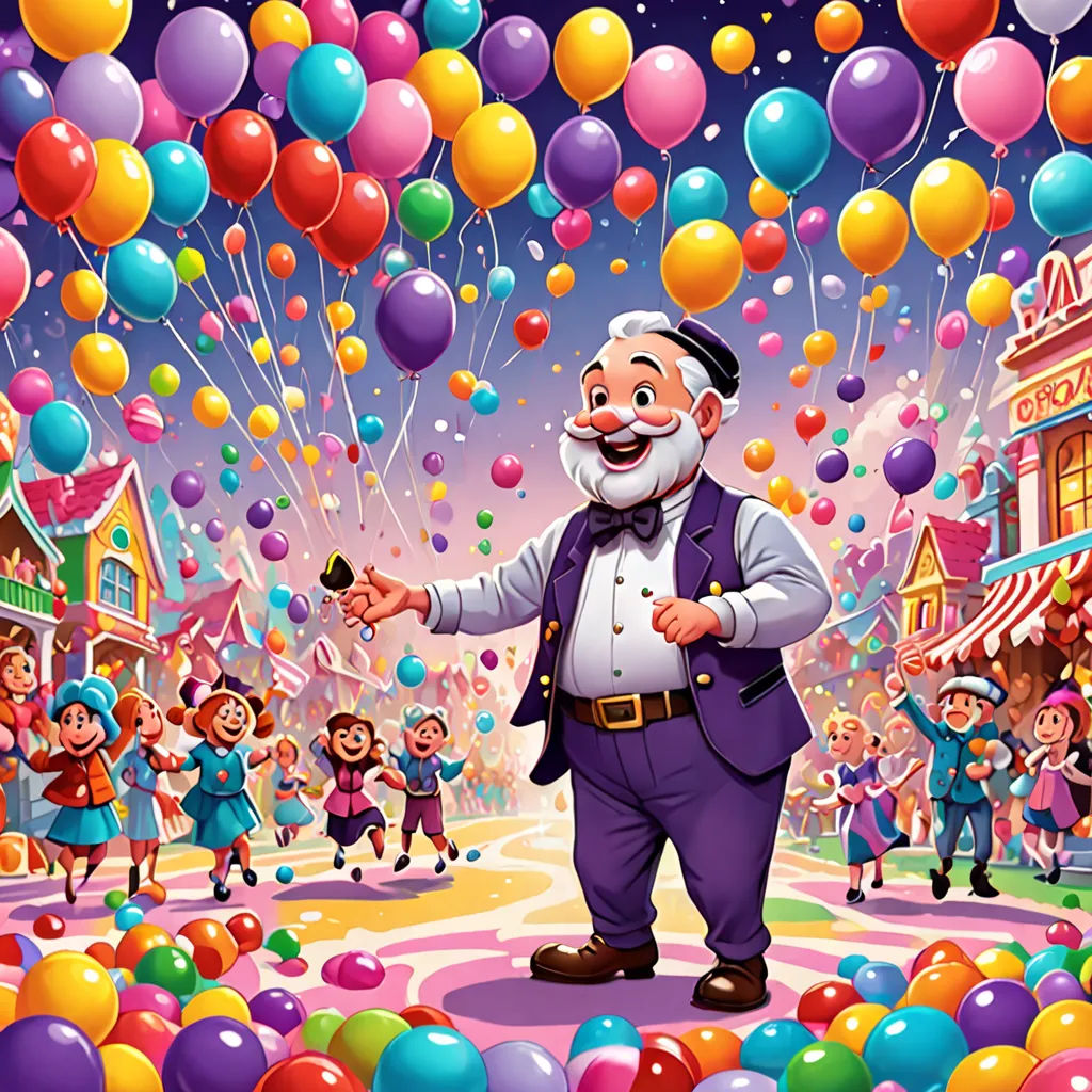 a man in a suit and tie standing in front of a crowd of people with balloons in the air, sots art, a storybook illustration, Drew Struzan, official art