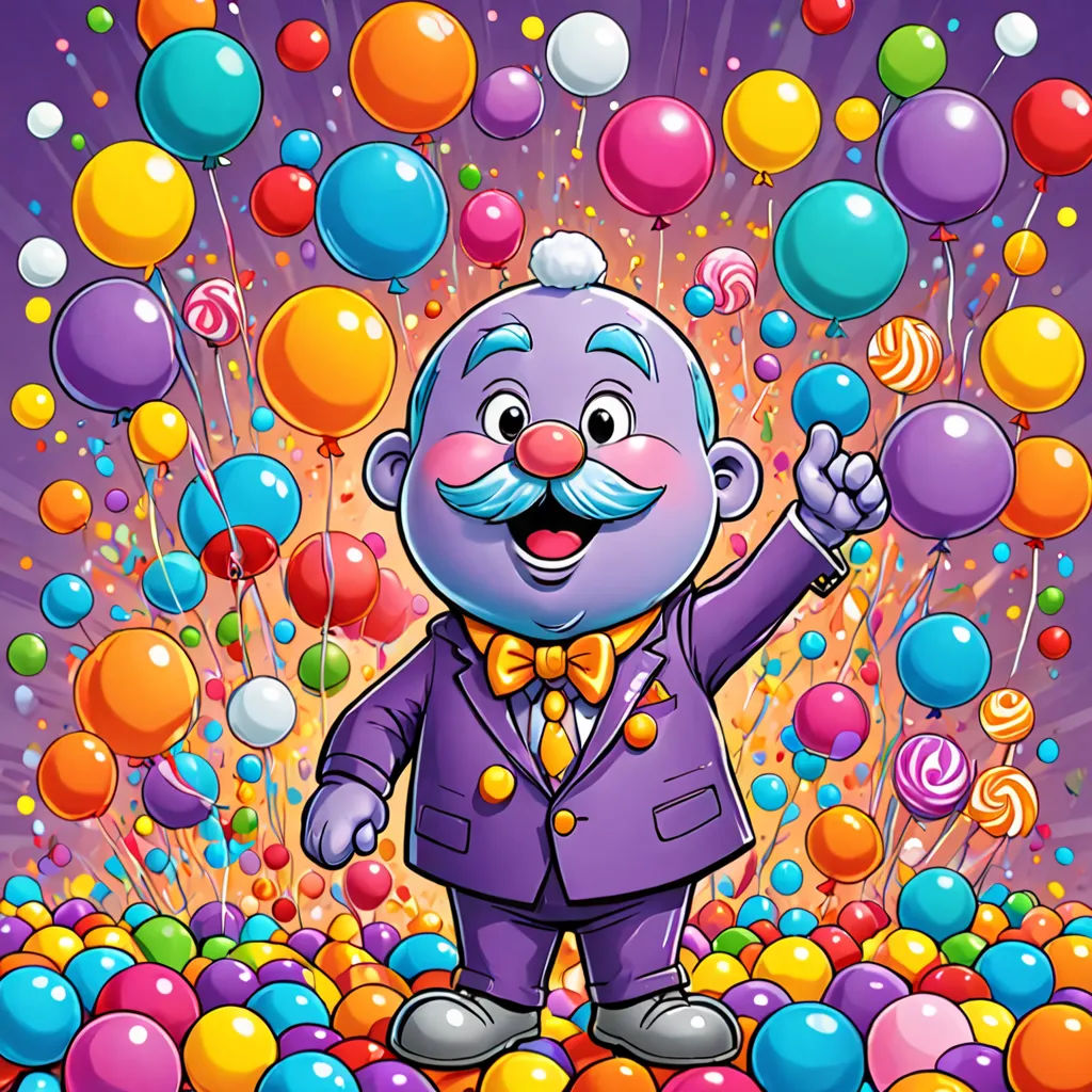 a cartoon character surrounded by balloons and confetti in a purple suit and bow tie, with a mustache, sots art, a character portrait, Clovis Trouille, official art