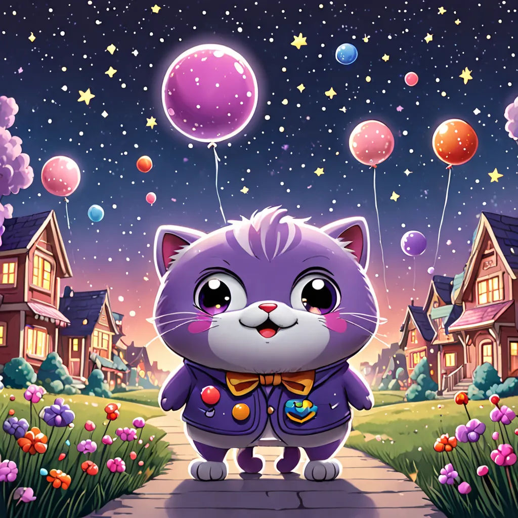 a cat that is standing in the grass with balloons in the sky above it and a house in the background, sots art, a character portrait, Chris LaBrooy, key art