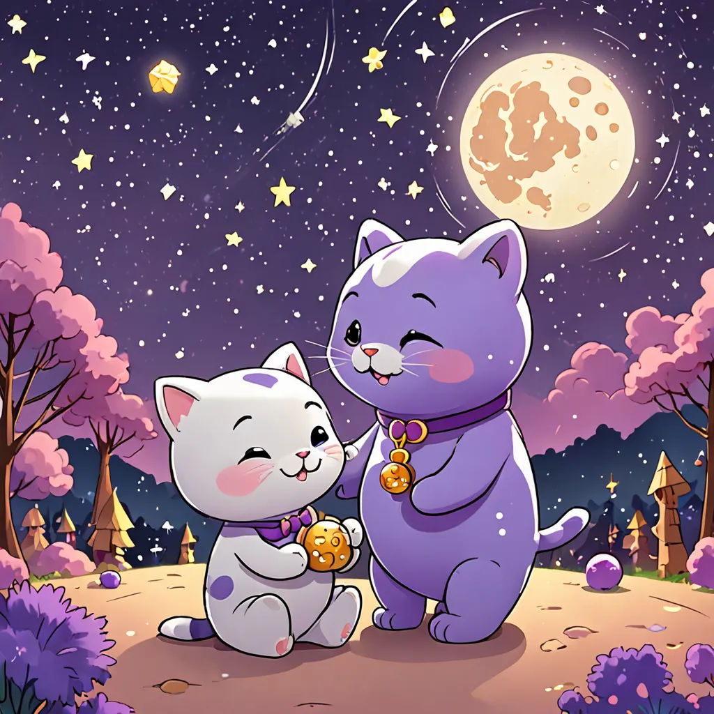 a couple of cats sitting on top of a field under a moon filled sky with stars and a moon, space art, a storybook illustration, Felix-Kelly, official art